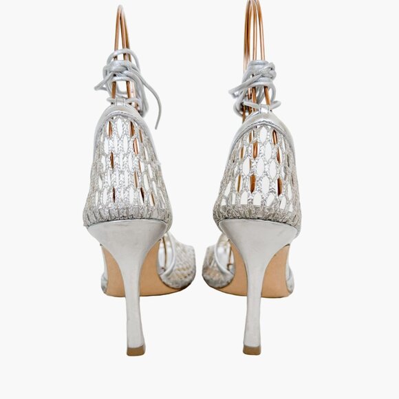 Bottega Veneta Stretch Lace-Up Sandals EU 37.5 7.5 Silver Mesh Fishnet High Heel - Picture 6 of 15